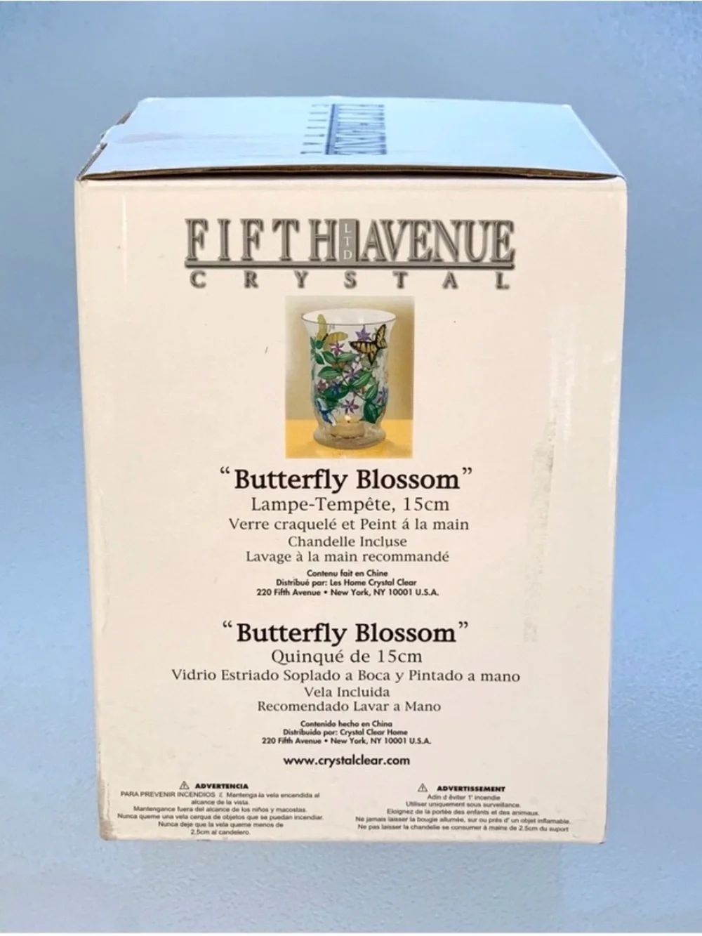 Fifth Avenue Crystal Butterfly Blossom Crackle Glass 6” Hurricane Candle Holder